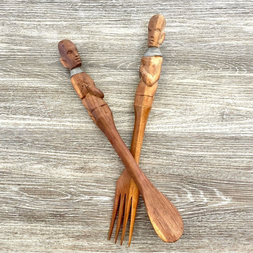 Vintage wood carved African spoon and fork salad servers